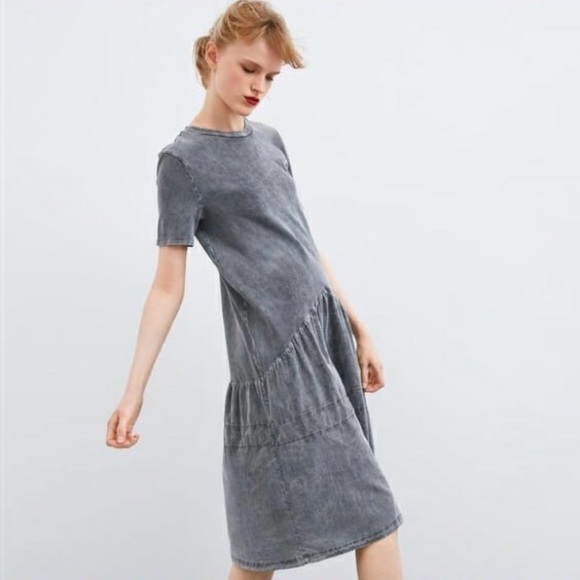 ZARA Acid Wash Drop Waist T-Shirt Midi Dress Gray Size Medium - Picture 1 of 12